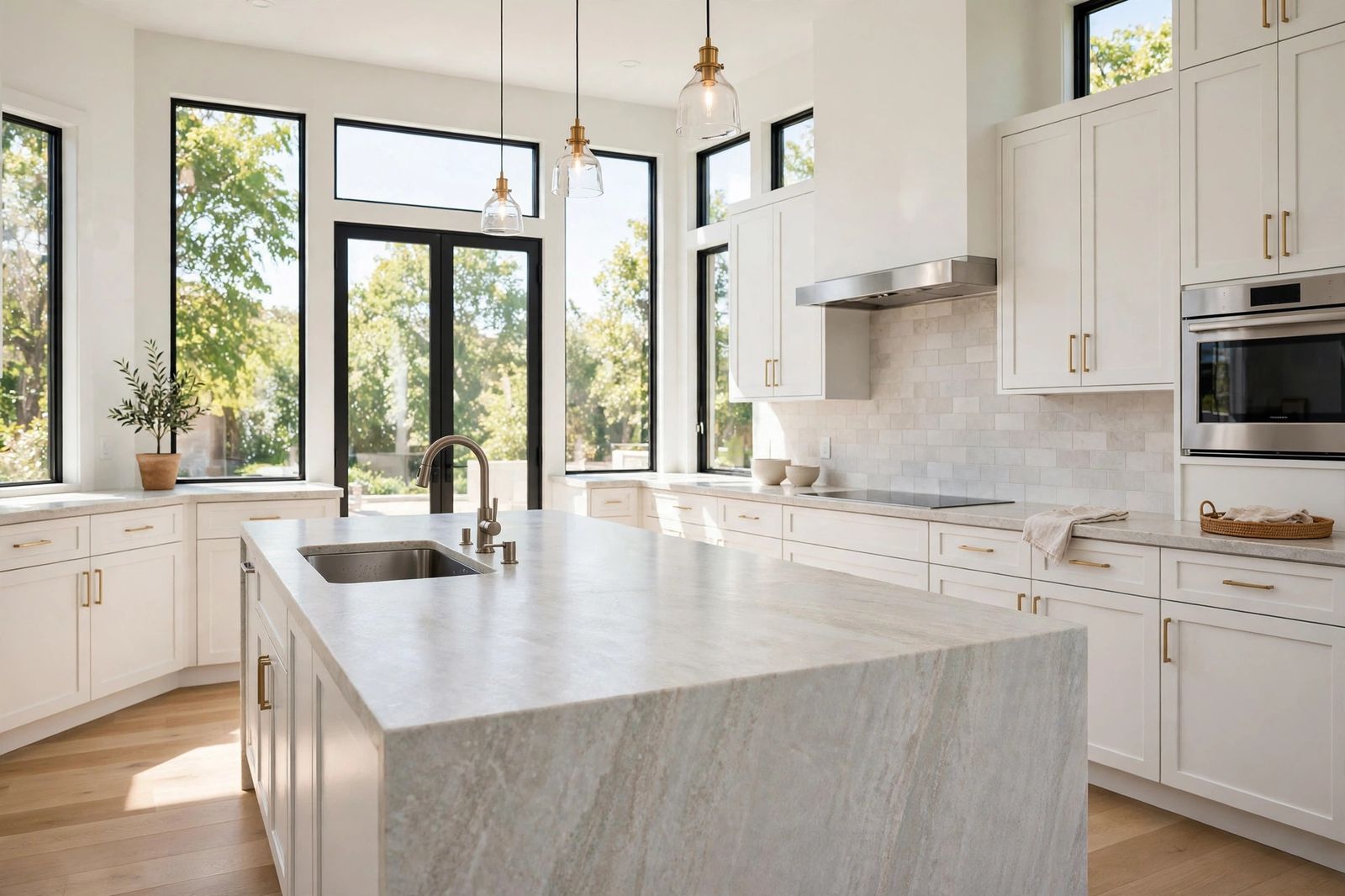 Bright kitchen with a light granite island countertop