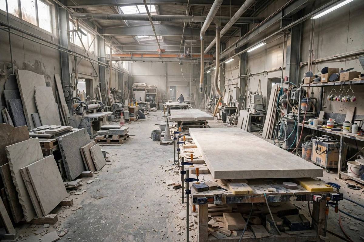 Stone fabrication workshop with slabs on workbenches